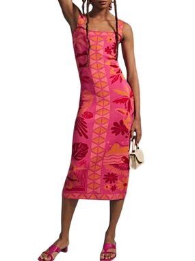 NWT Rio Tiles Knit Dress S Square-Neck Midi Sweaterdress Pink Otrange